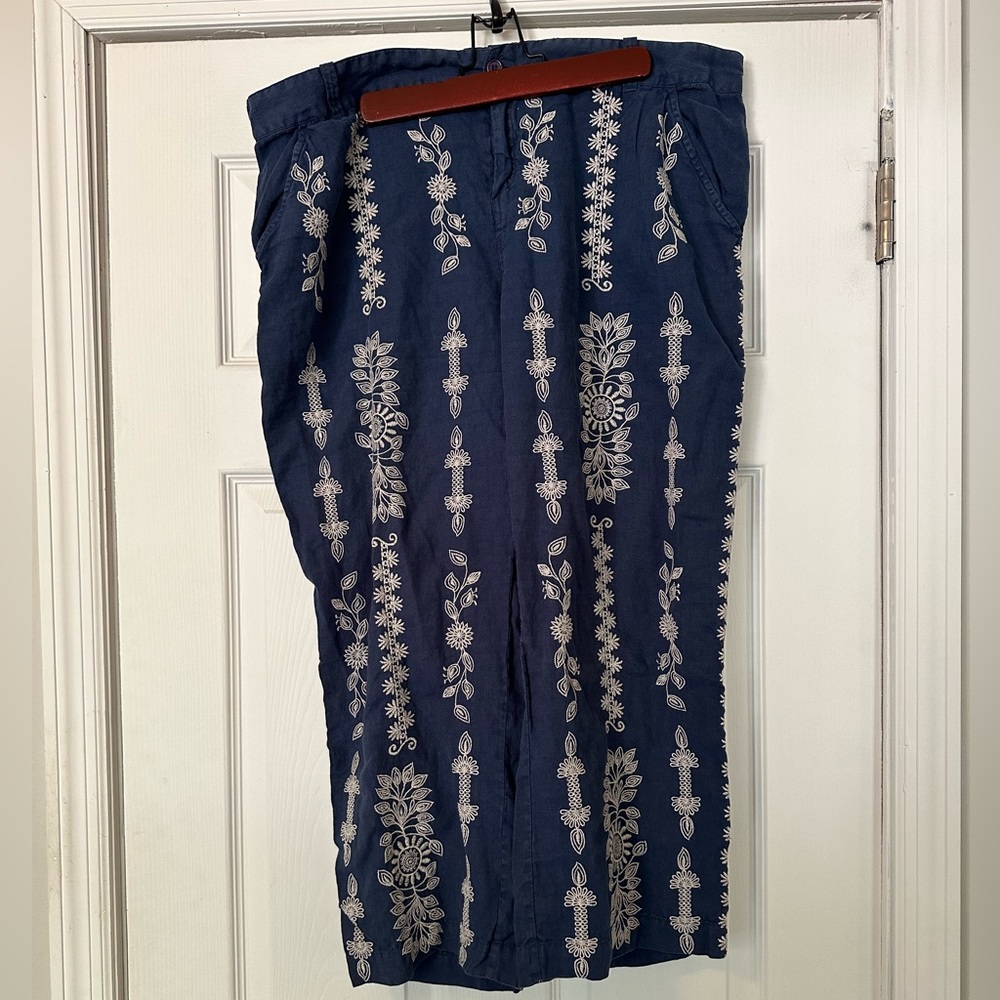 JW Los Angeles Johnny Was Blue Linen Embroidered Wide Leg Pants size XL